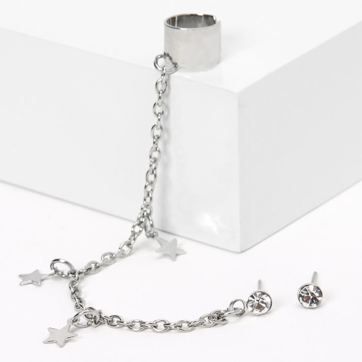 Silver-tone Crystal Star Ear Connector Earrings,