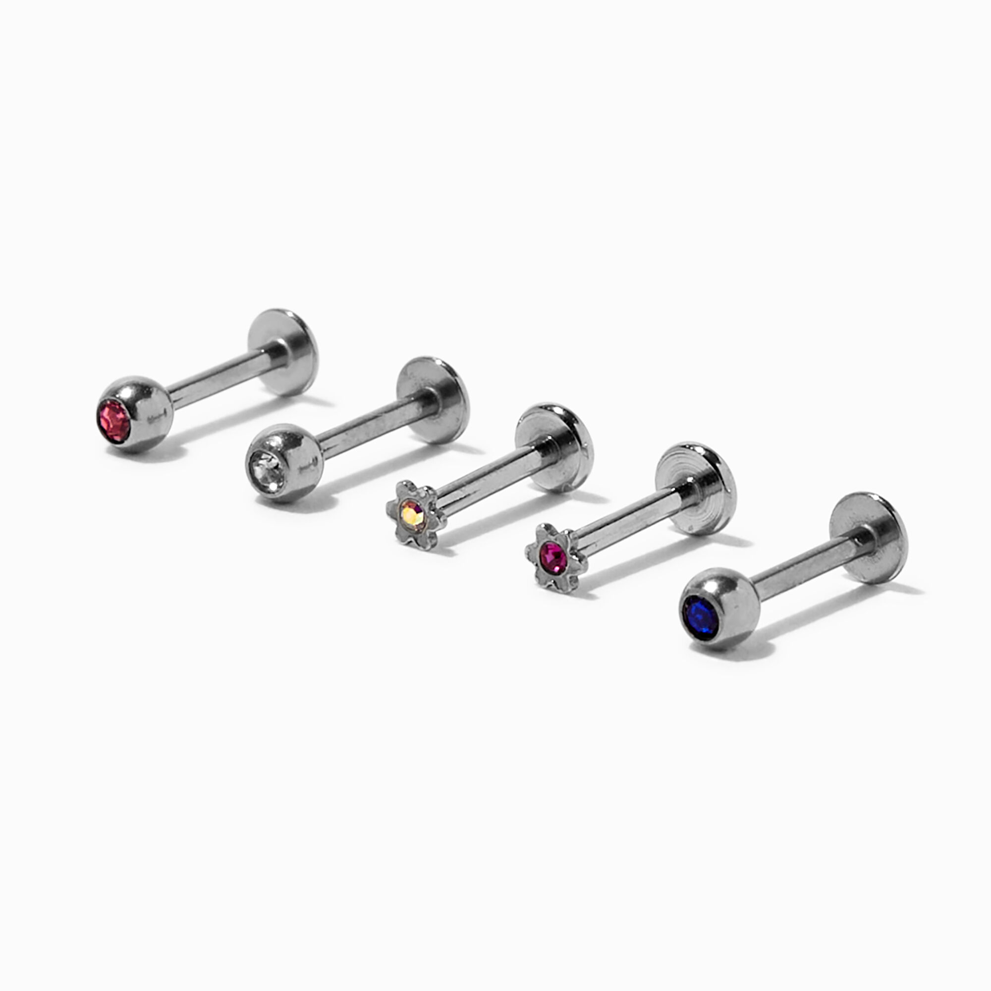 View Claires SilverTone 16G Crystal Daisy Labret Studs 5 Pack Blue information
