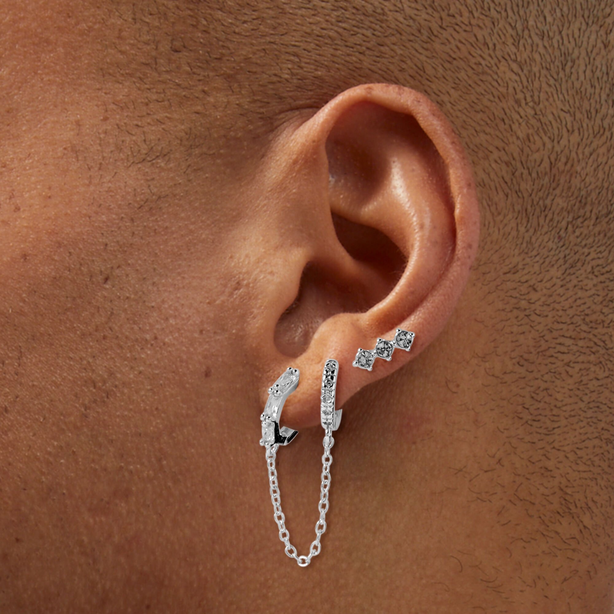 Lot de boucles d’oreilles empilables en strass en zircon cubique couleur argentée - Lot de 3,