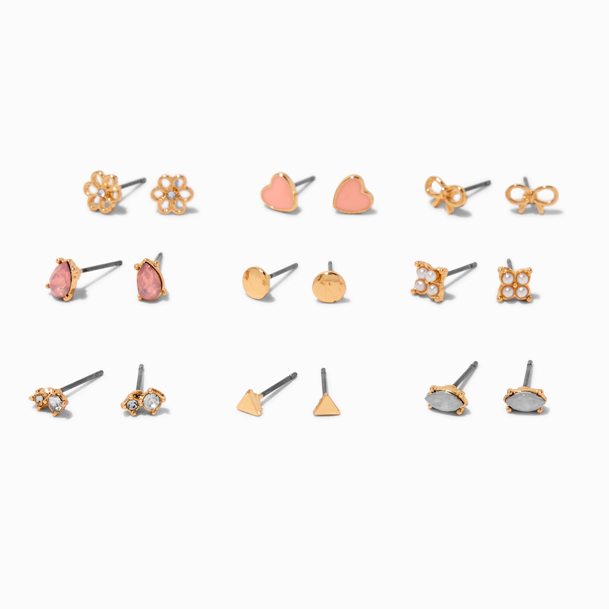 Gold-tone Romantic Stud Earrings - 9 Pack,