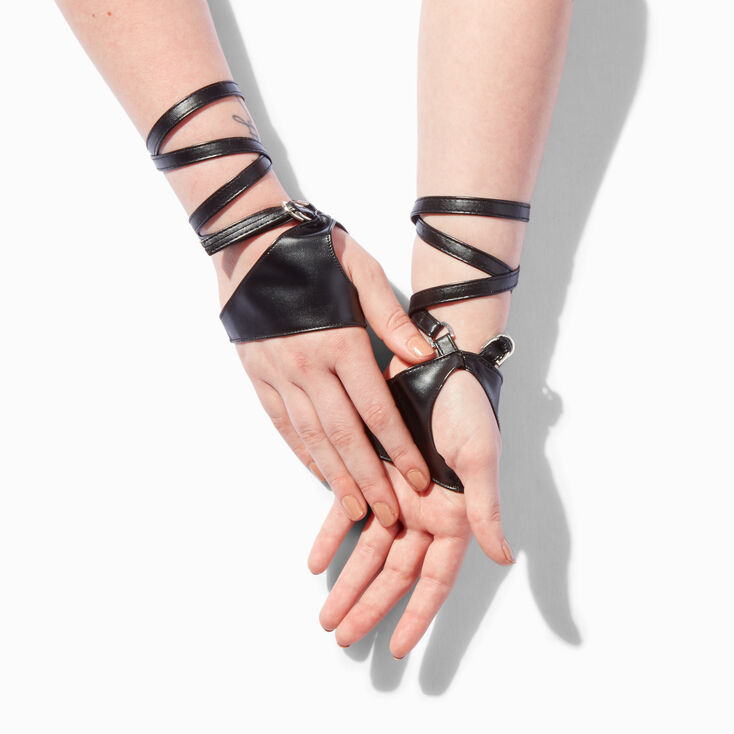 Black Strappy Faux Leather Fingerless Gloves,