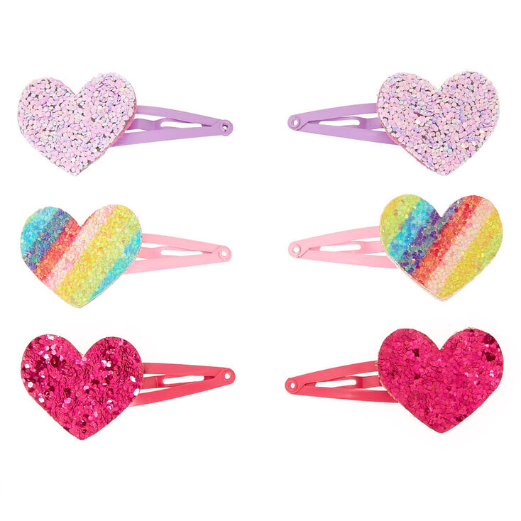 Claire's Club Glitter Heart Snap Hair Clips - 6 Pack