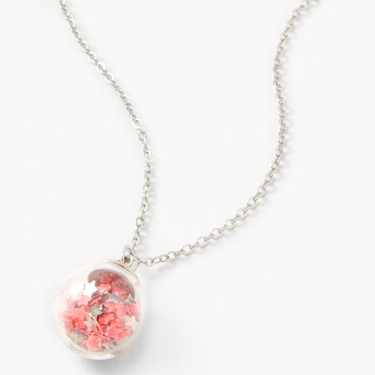 Silver Glow in the Dark Star Confetti Shaker Pendant Necklace,