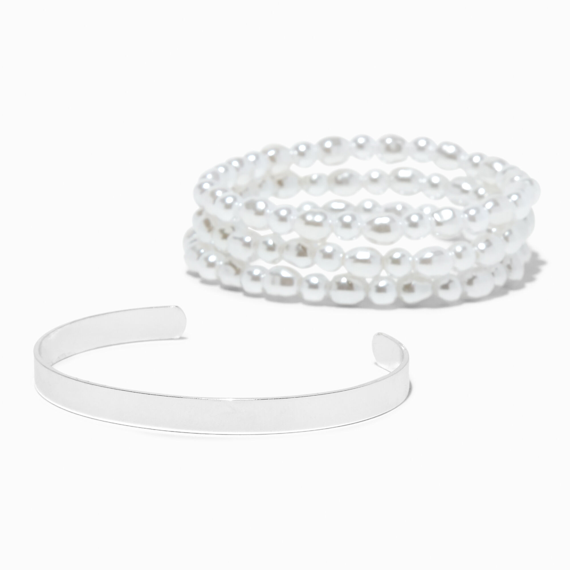 View Claires Pearl Stretch Tone Cuff Bracelet Set 4 Pack Silver information