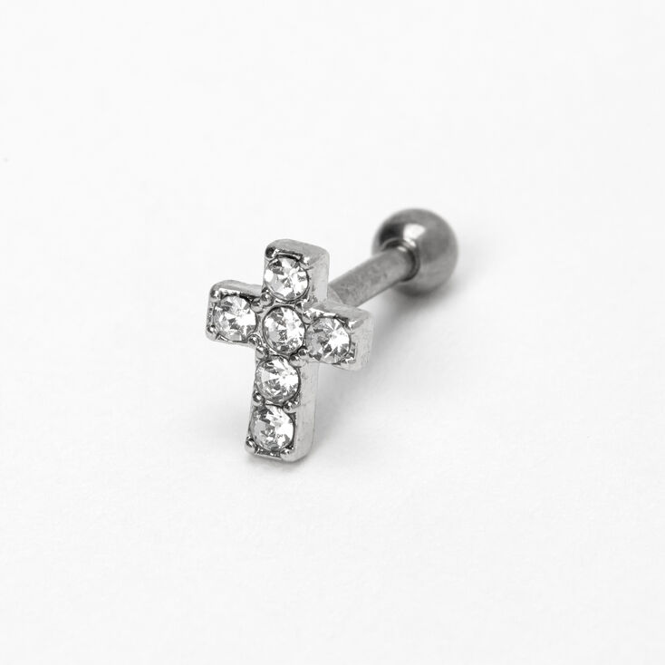 Clou d&#39;oreille pour piercing cartilage croix en strass 1,2&nbsp;mm couleurs argent&eacute;e et titan&eacute;e,