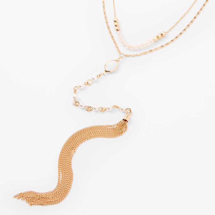 Gold Pearl Fringed Multi Strand Lariat Necklace,