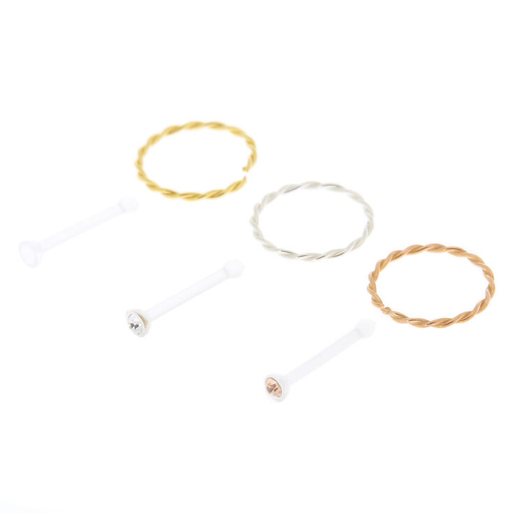 Lot de 6 clous et anneaux de nez tress&eacute;s 22&nbsp;g en m&eacute;taux mixtes,