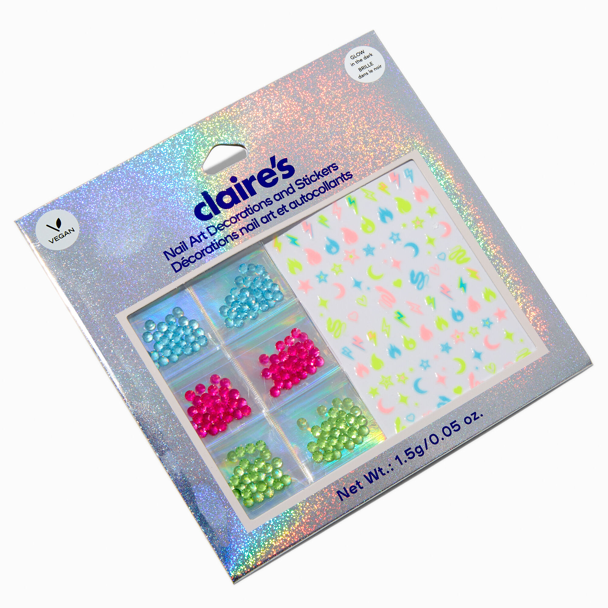 View Claires Glow In The Dark Vegan Nail Art Gem Pack Rainbow information