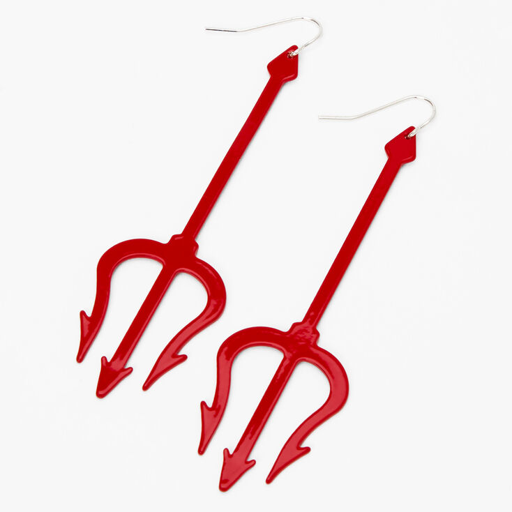 Silver  3&quot; Pitchfork Drop Earrings - Red,