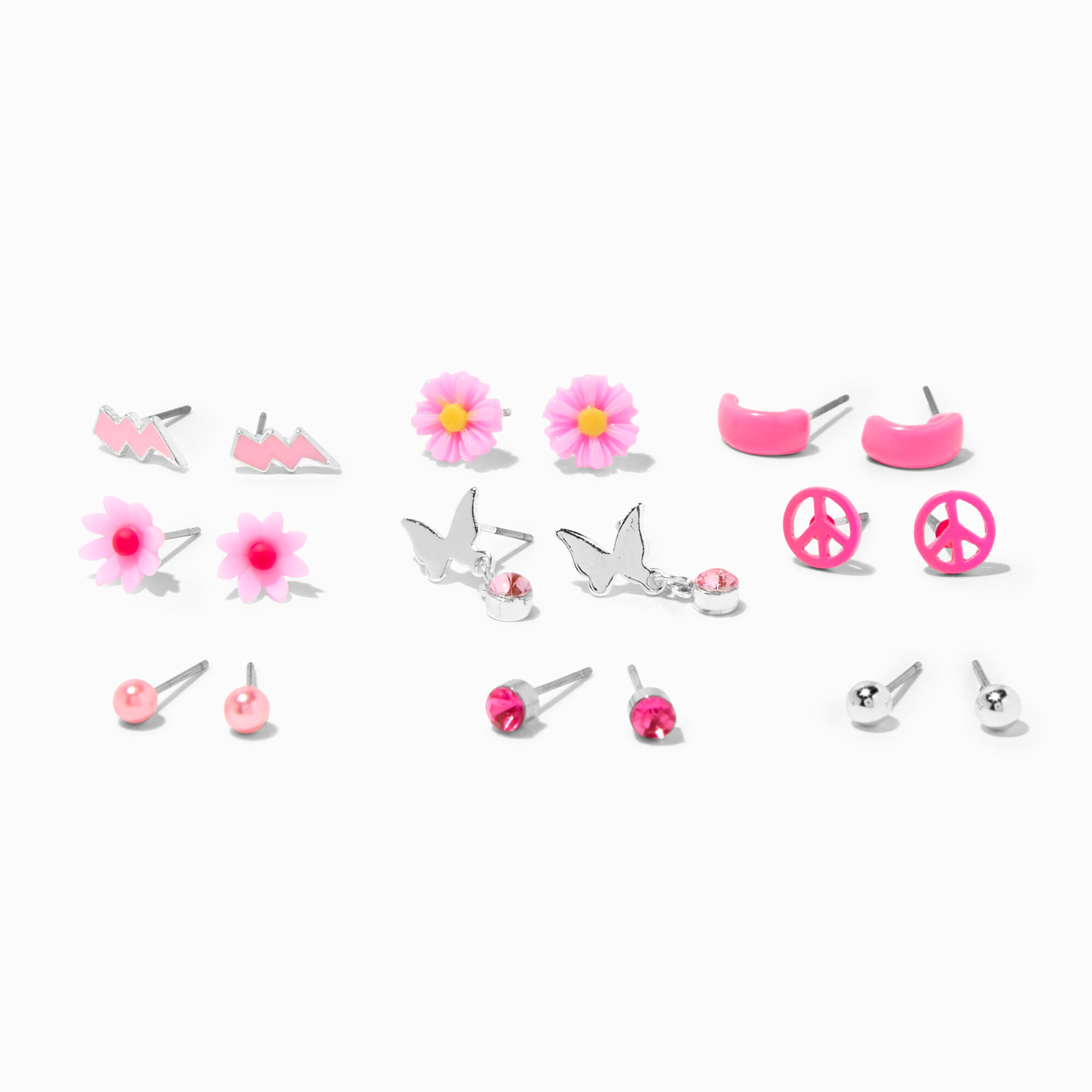 View Claires Butterfly Flower Stud Earrings 9 Pack Pink information
