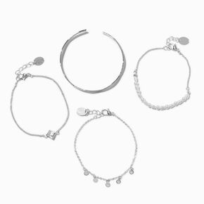 Silver Pearl Chain &amp; Wavy Cuff Bracelet Set - 4 Pack,