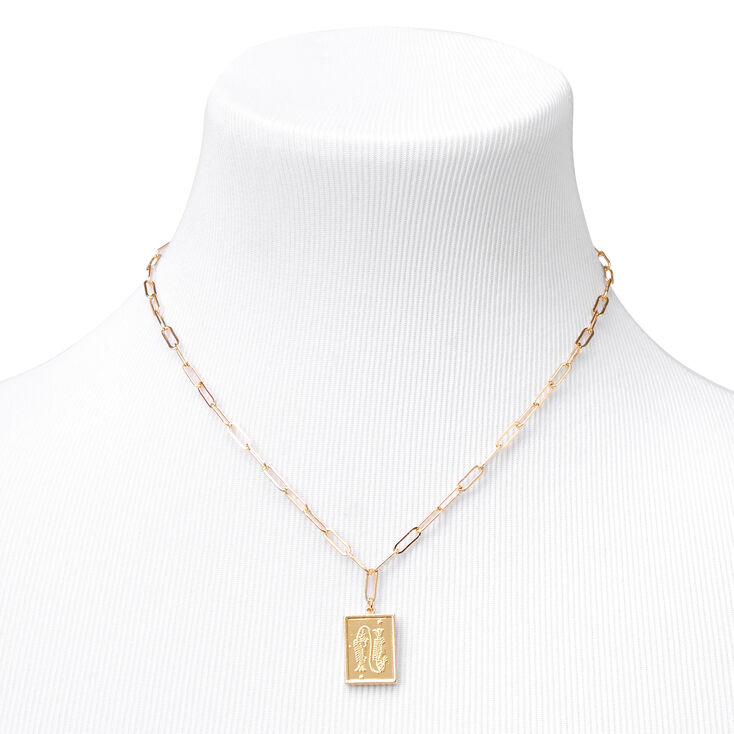 Gold Rectangle Zodiac Symbol Pendant Necklace - Pisces,