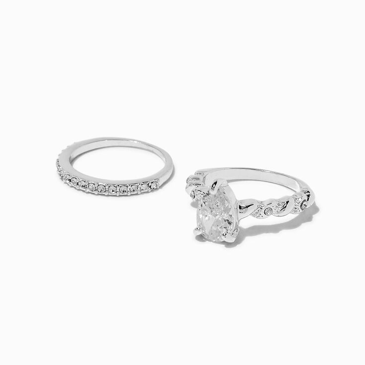 Silver-tone Cubic Zirconia Teardrop Rings Stack - 2 Pack,