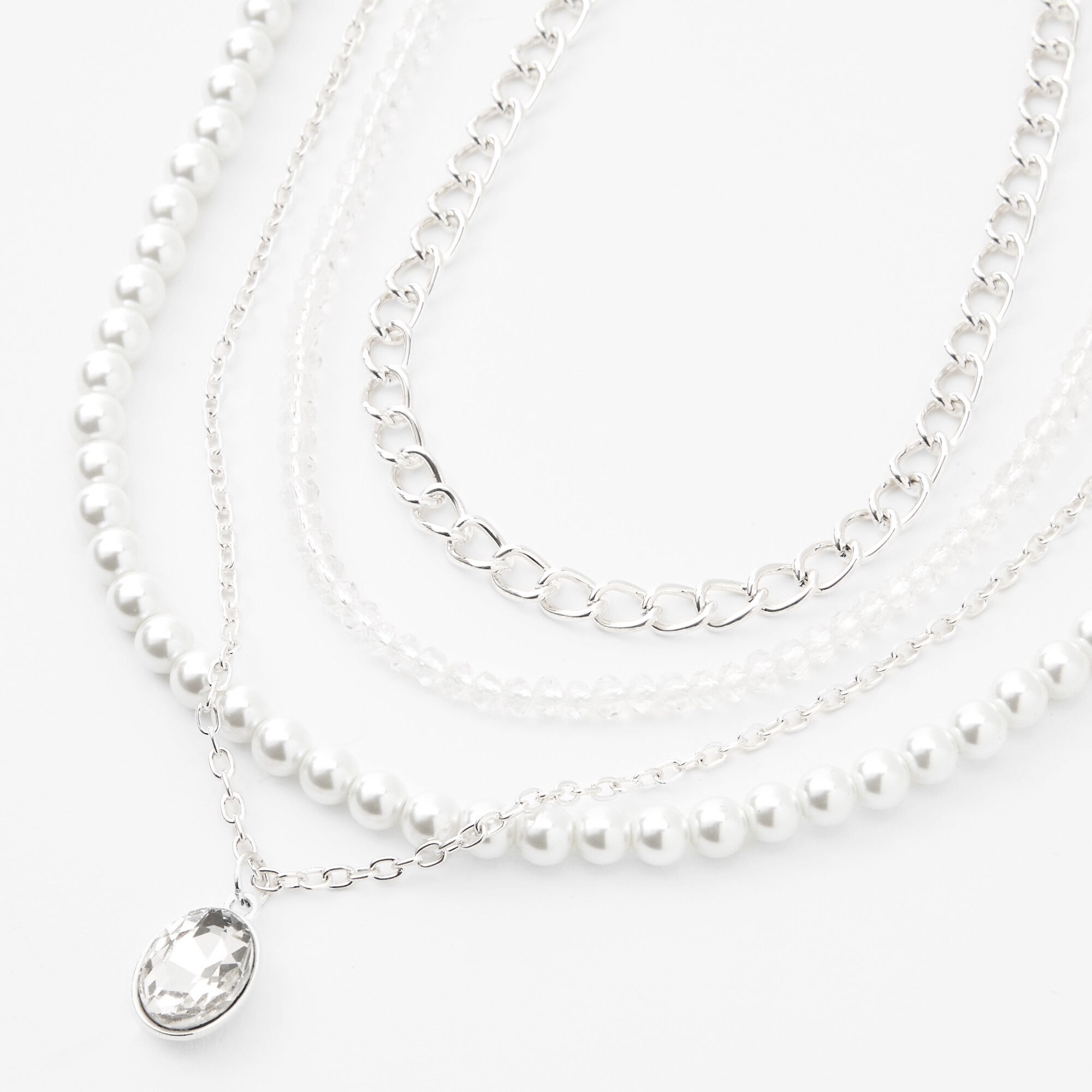 Silver Rhinestone Pearl Chain Multi Strand Necklace