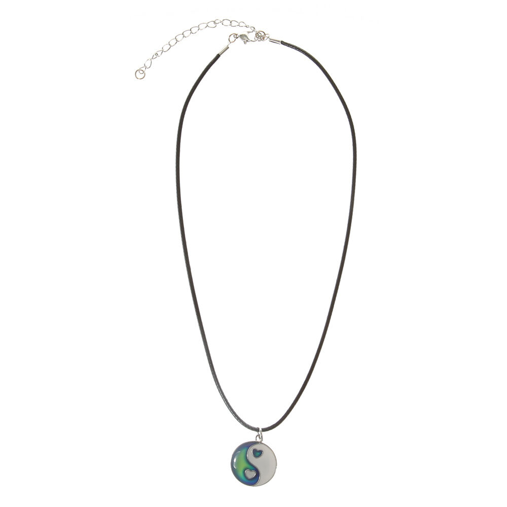 Silver Heart Yin Yang Mood Pendant Necklace Black