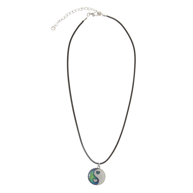 Silver Heart Yin Yang Mood Pendant Necklace - Black,