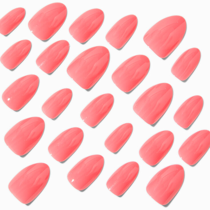 Coral Pink Glossy Short Almond Vegan Faux Nail Set - 24 Pack,