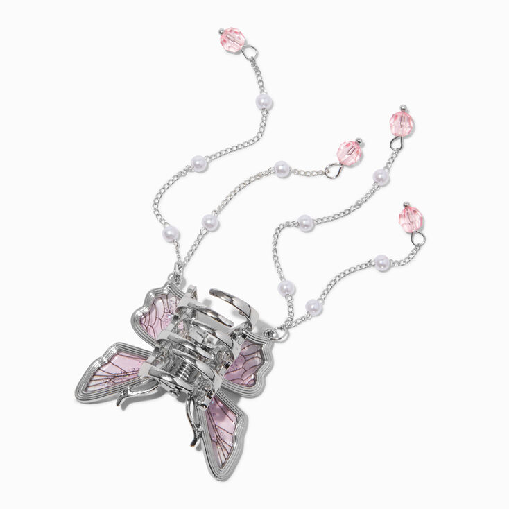 Silver-tone Pink Butterfly Beaded Dangle Hair Claw