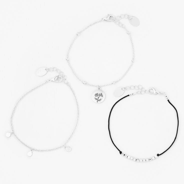 Silver &amp; Black Flower Geometric Chain Bracelets - 3 Pack,