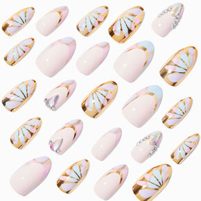Multi Daisy Gold Chrome Bling Stiletto French Tip Vegan Faux Nail Set - 24 Pack,