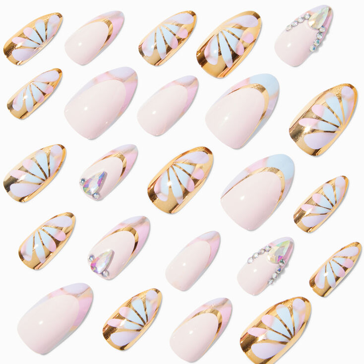 Multi Daisy Gold Chrome Bling Stiletto French Tip Vegan Faux Nail Set - 24 Pack,