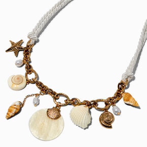 Gold-tone Seashells White Rope Charm Necklace,