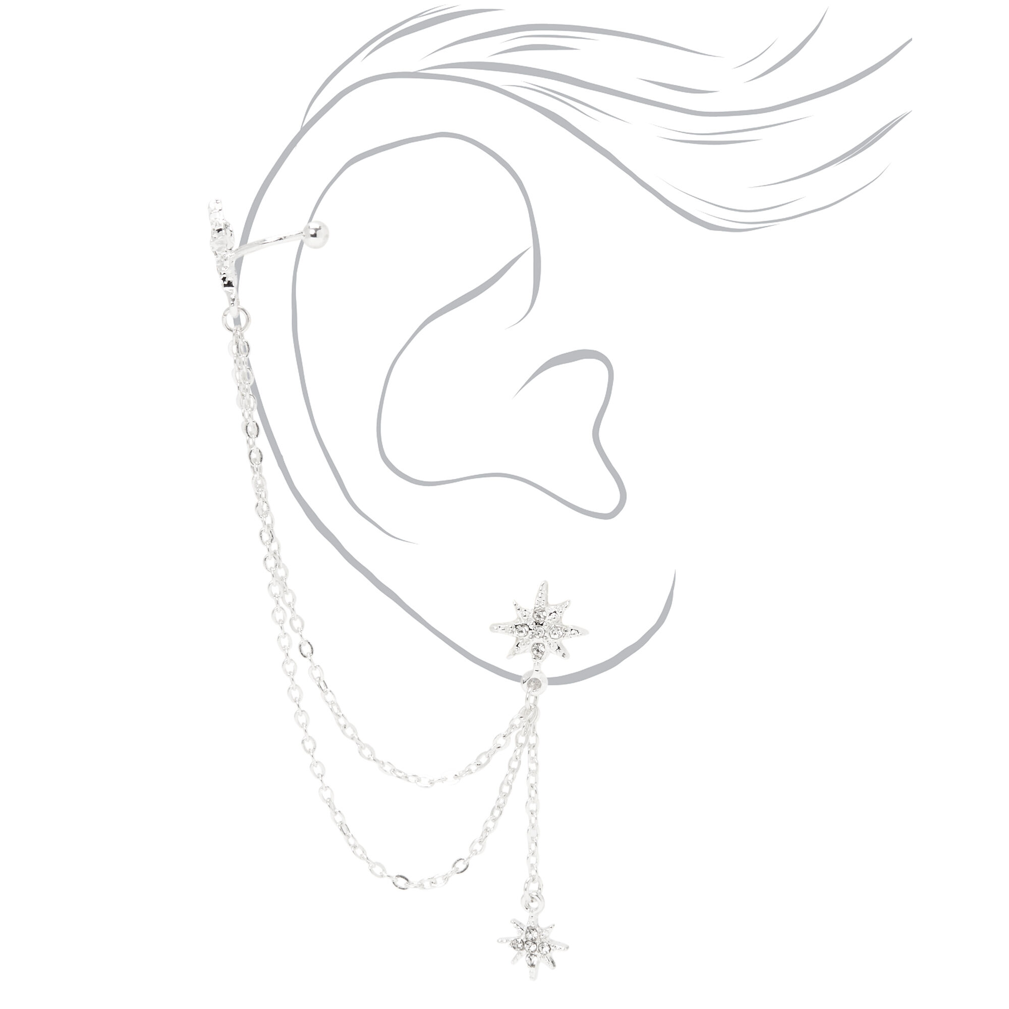 Silver Embellished Starburst Linear Ear Cuff Drop & Stud Earrings - 3 Pack,