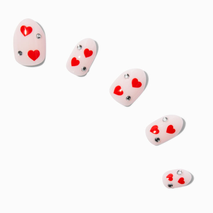 Red Heart &amp; Rhinestone Gem Valentine&#39;s Day Stiletto Press On Faux Nail Set - 24 Pack,