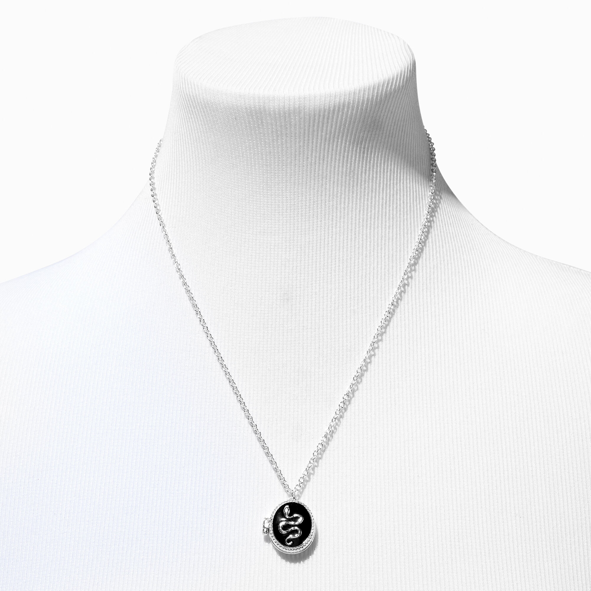 Silver Snake Black Locket Pendant Necklace,