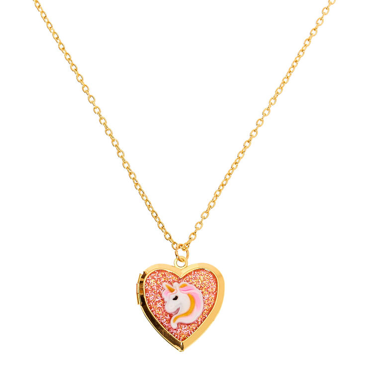 Claire&#39;s Club Pink Glitter Unicorn Gold Locket Necklace,