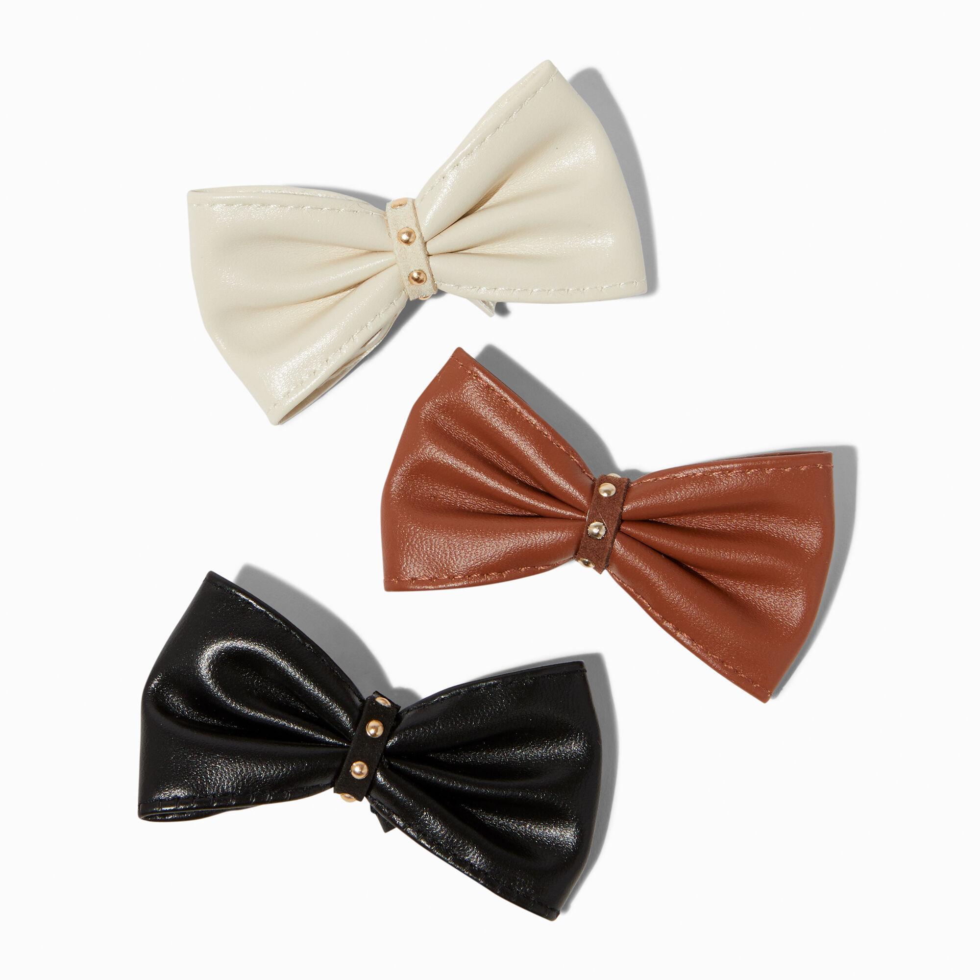 View Claires Studded Leather Bow Hair Clips 3 Pack Brown information