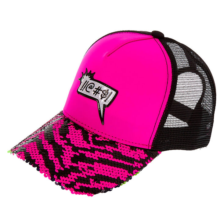 Claire's Casquette camionneur zèbre avec paillettes réversibles et bulle de BD « !!@#$! » - Rose