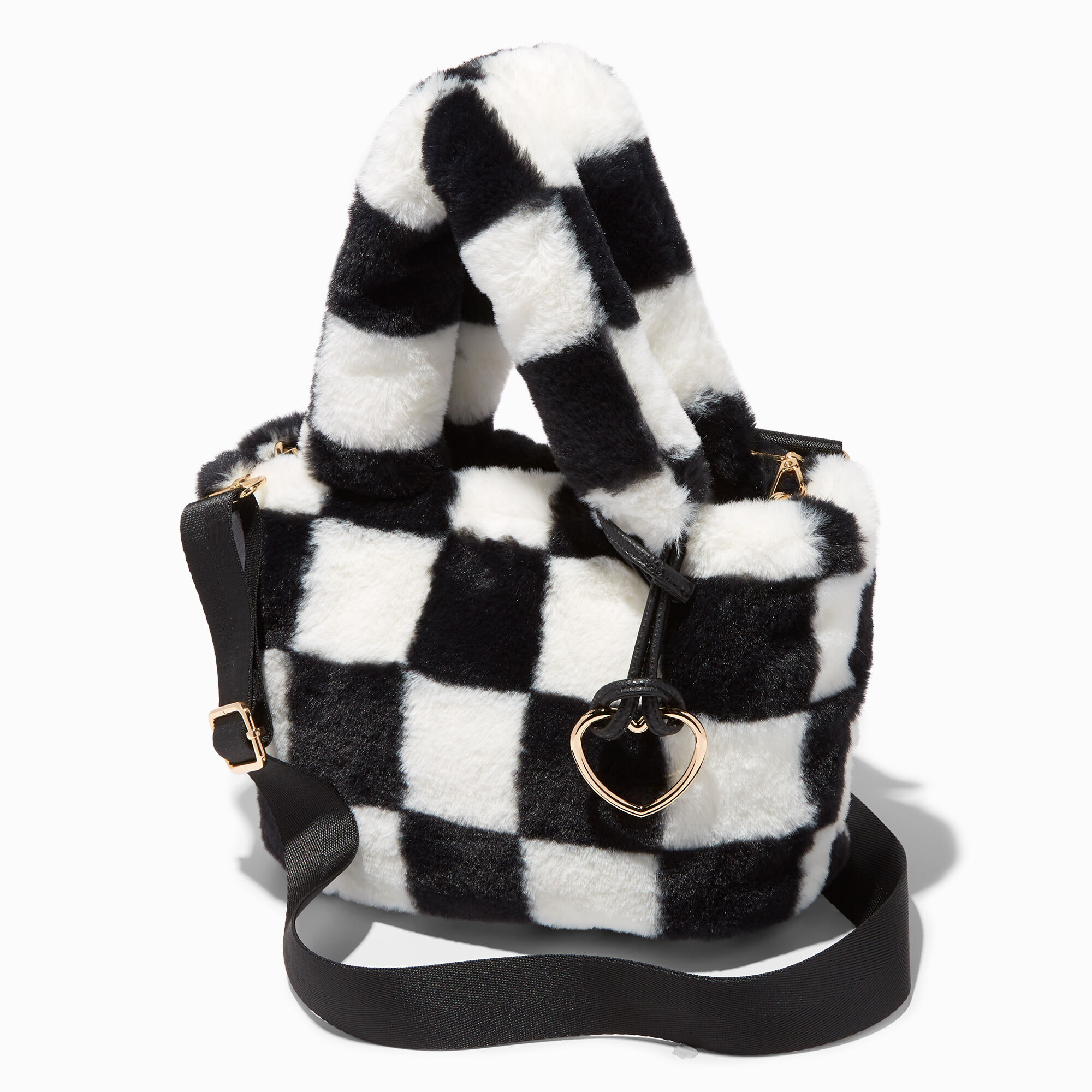 View Claires Black Checkerboard Furry Crossbody Tote Bag White information
