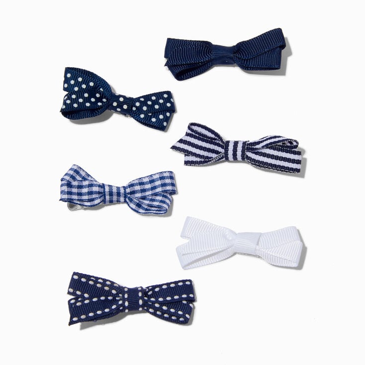 Navy Patterned Mini Hair Bow Clips - 6 Pack,