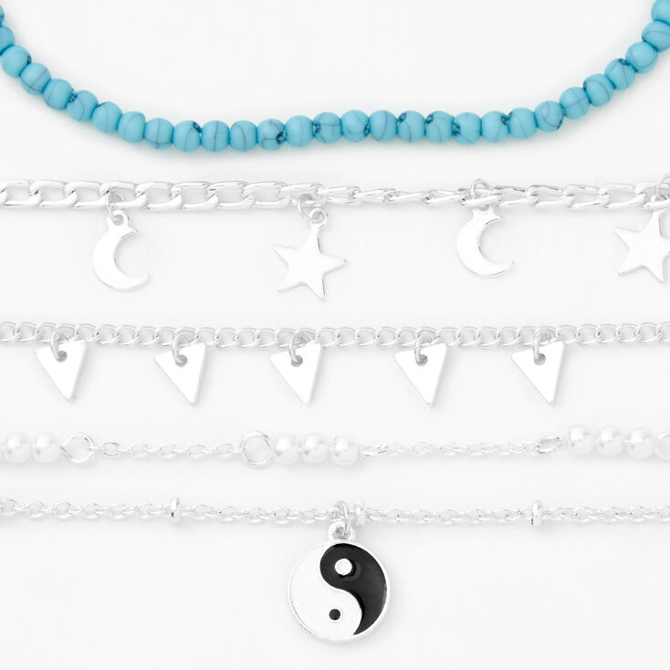 Silver Celestial Yin Yang Beaded Chain Bracelets - Blue, 5 Pack,
