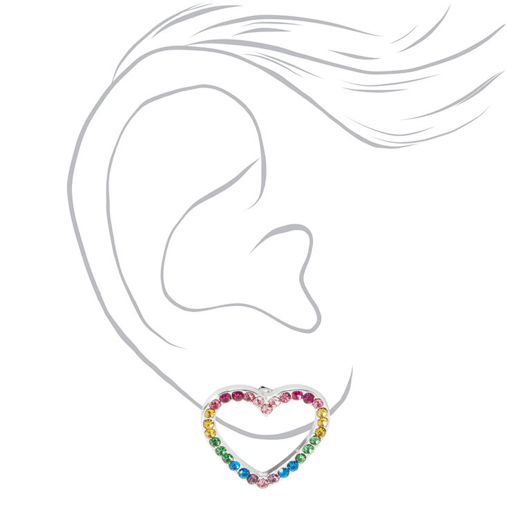 Silver Rainbow Embellished Heart Stud Earrings,