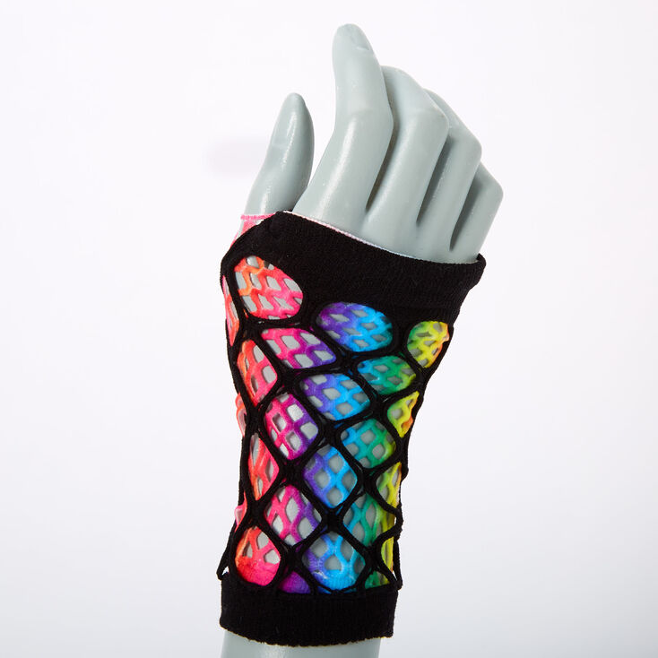 Rainbow Tie Dye Layered Fishnet Gloves,