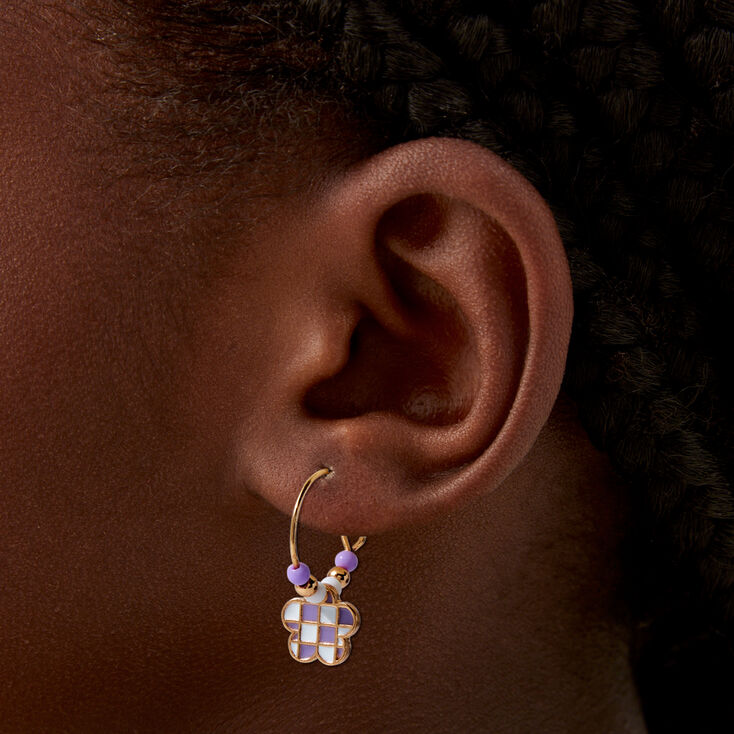Purple Glow In The Dark Checkered Flower Beaded Hoop Earrings,