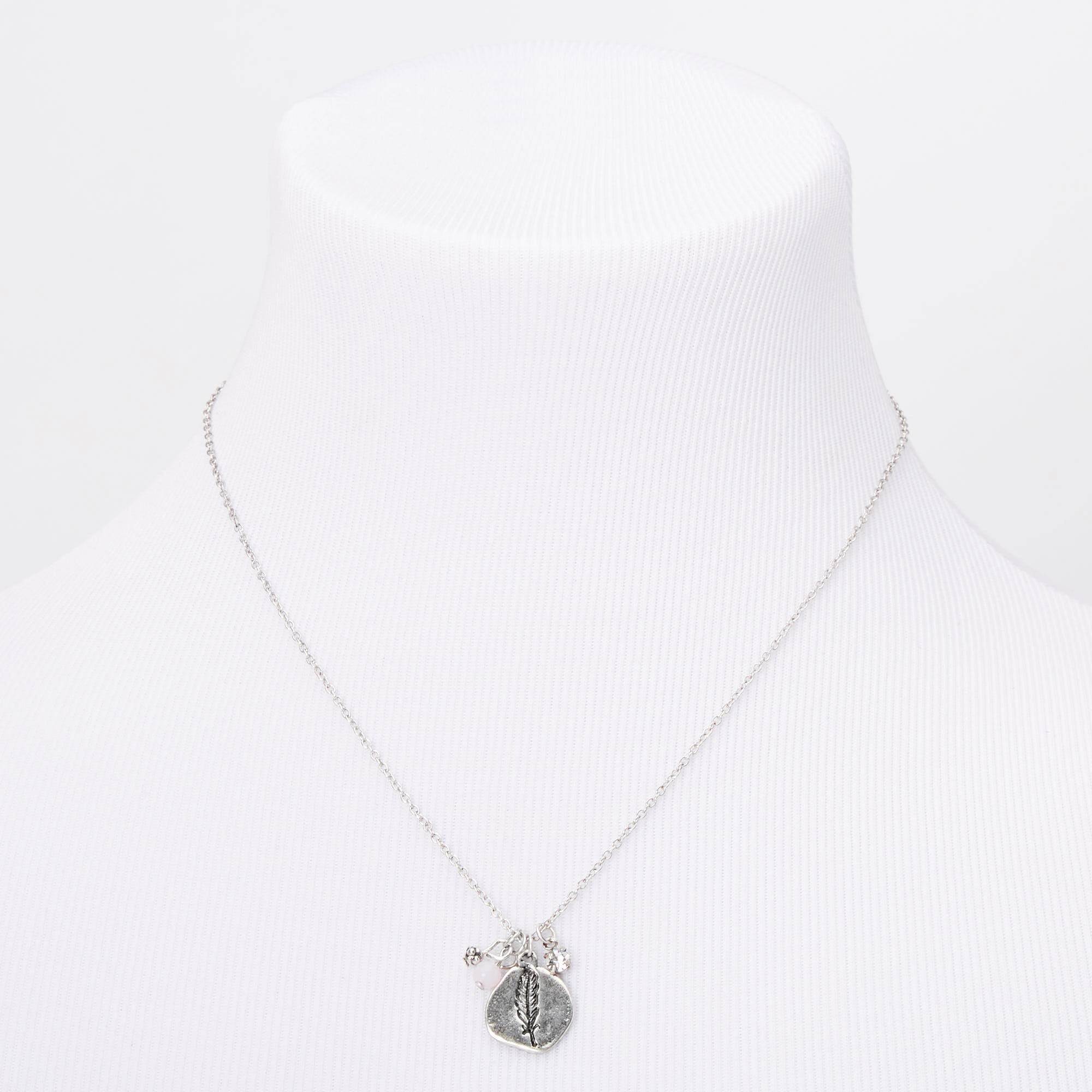 Silver Stamped Feather Stone Pendant Necklace,