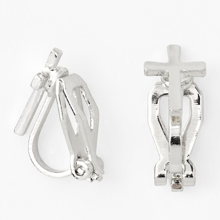 Silver Cross Clip-On Stud Earrings,