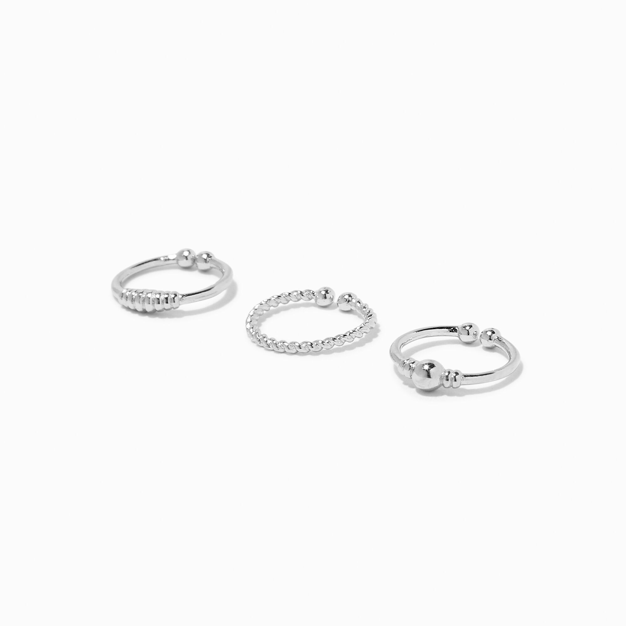 View Claires Tone Twisted Faux Nose Rings 3 Pack Silver information