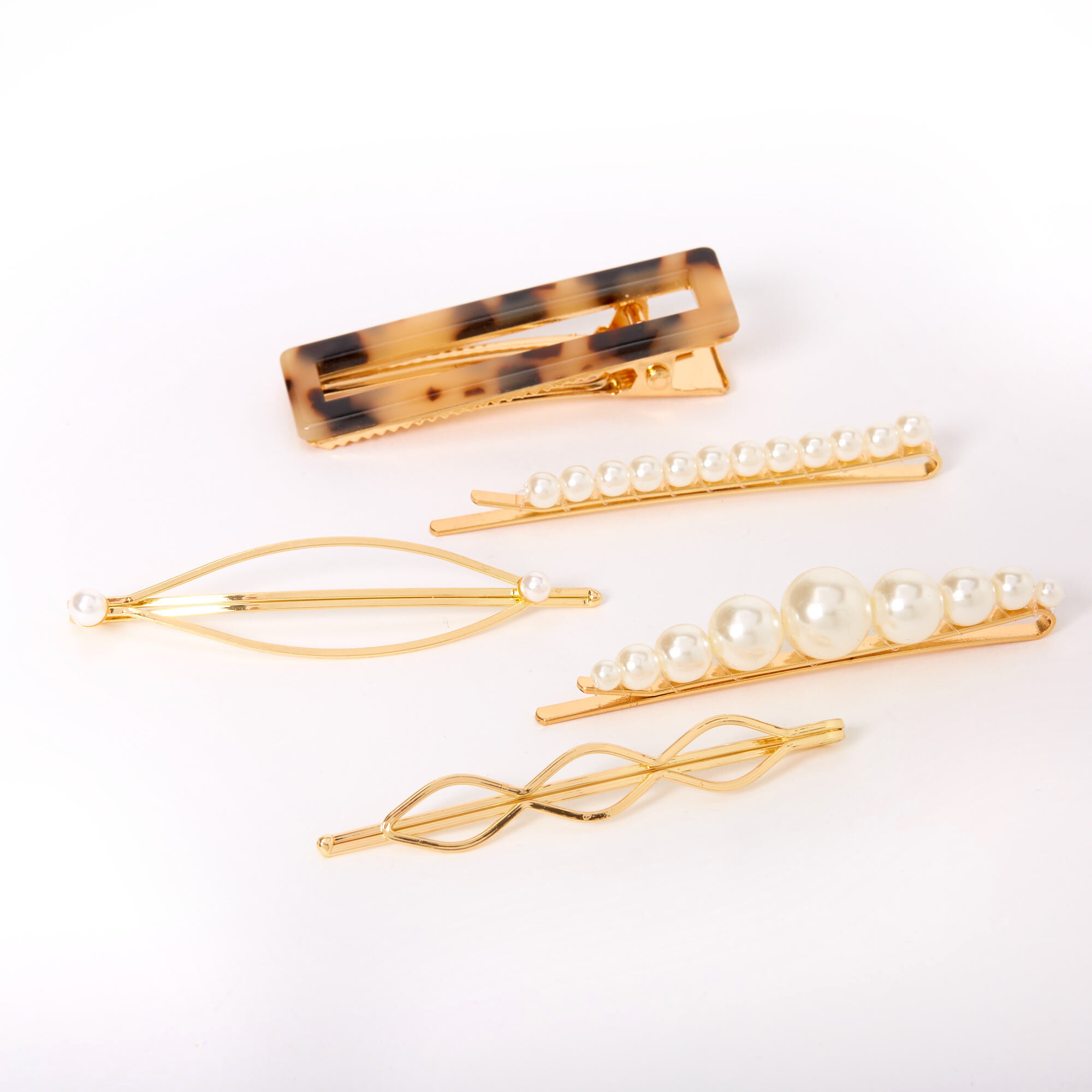 View Claires Pearl Tortoiseshell Hair Pins 5 Pack Gold information