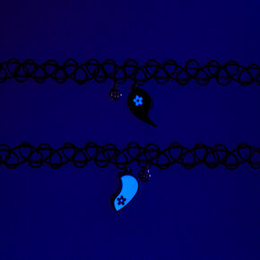 Best Friends Black &amp; White Split Heart Glow in the Dark Tattoo Choker Necklaces - 2 Pack,