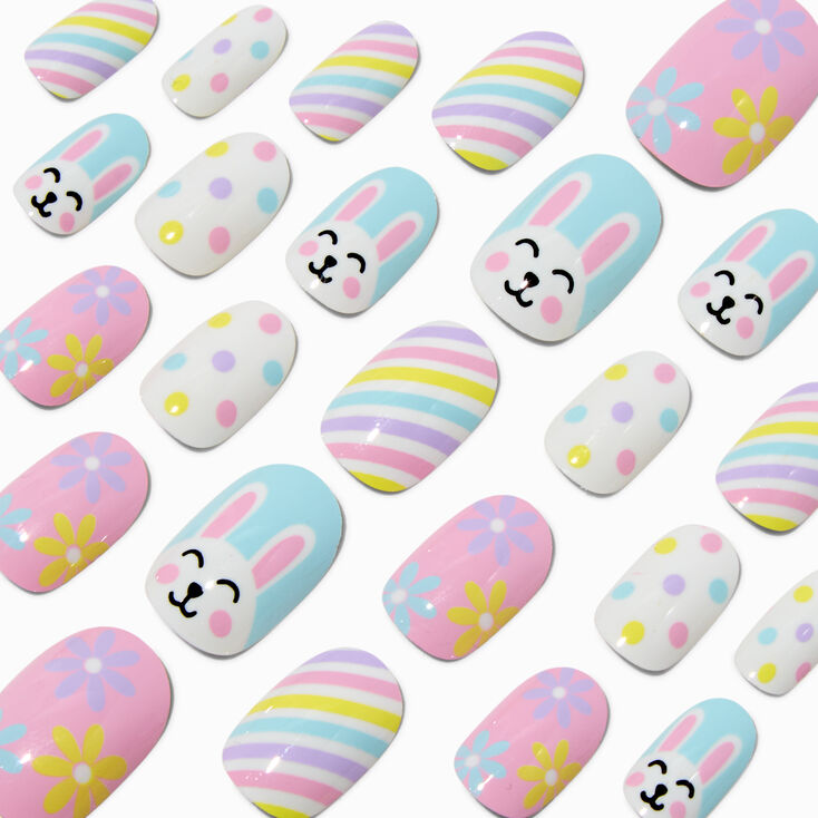 Easter Bunny &amp; Eggs Round Press On Faux Nail Set - 24 Pack,