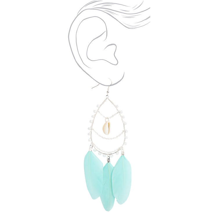 Silver 4.5&quot; Beaded Teardrop Feather Drop Earrings - Turquoise,