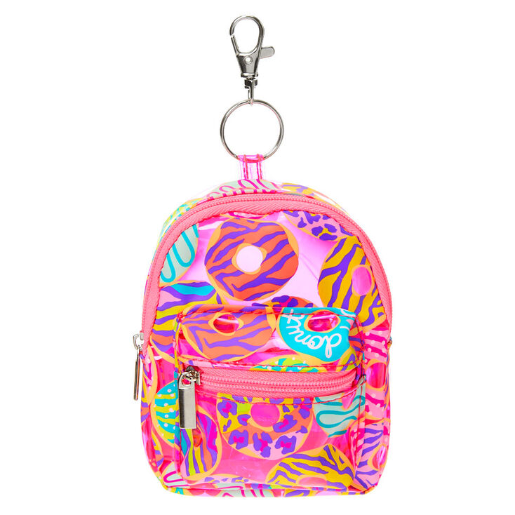 Claire's Porte-clés mini sac à dos à imprimé donut et animaux fluo - Rose