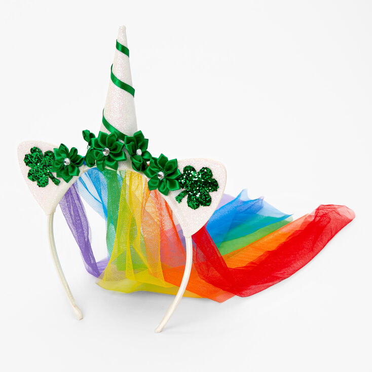 St. Patrick&#39;s Day Rainbow Caticorn Unicorn Flower Cat Ears Headband,