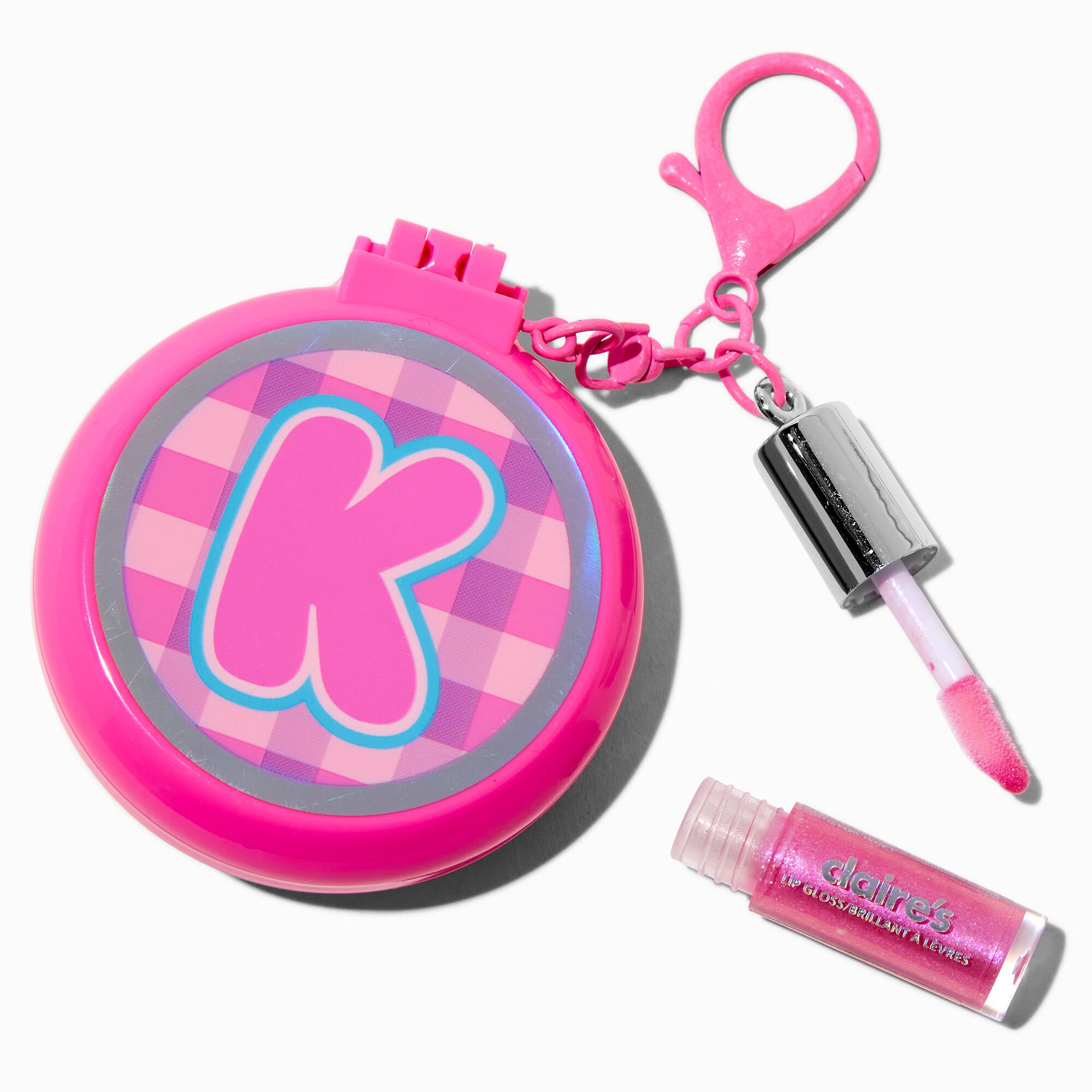 Pink Plaid Initial Hair Brush & Lip Gloss Keychain - K,