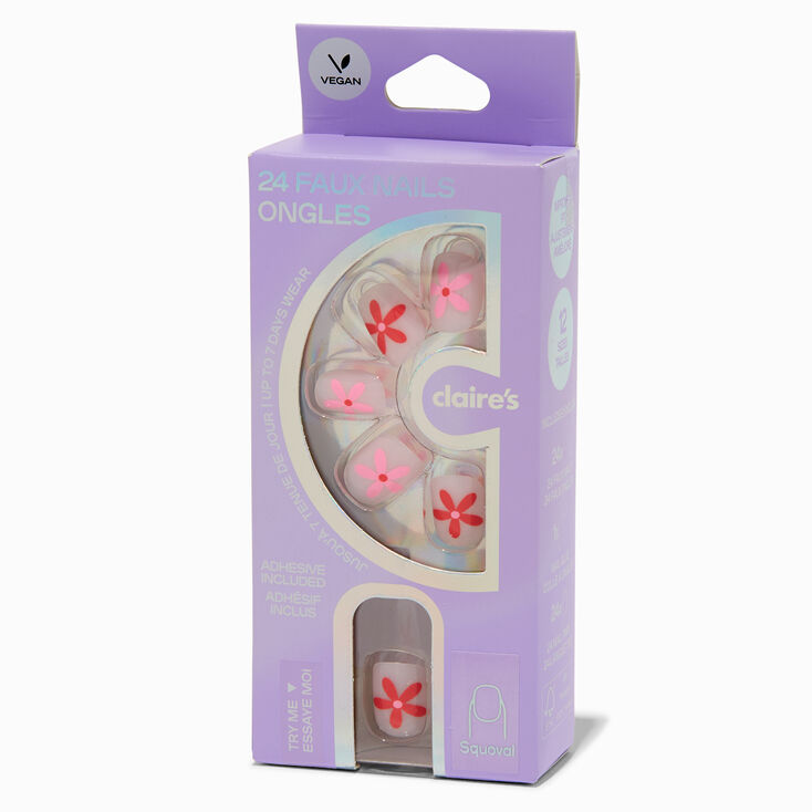 Monochrome Pink Daisy Squoval Vegan Faux Nail Set - 24 Pack,
