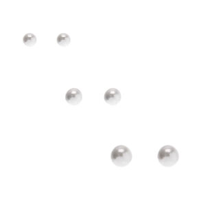 Silver Graduated Pearl Stud Earrings - White, 3 Pack,